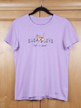 Life Is Good Lavender Crew Neck Calico Cat & Flowers Crusher Tee - M